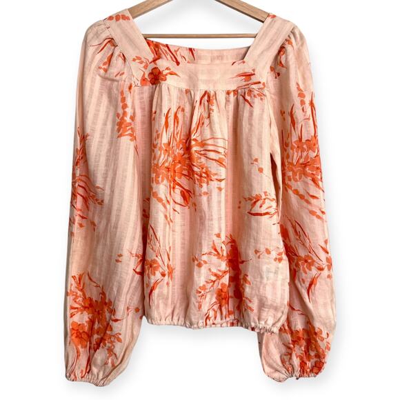 Joie 100% Linen Balloon Sleeve Square Neck Floral Peasant Blouse Women's Size S - Picture 1 of 9